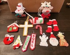 Vintage Handmade Plastic Canvas Needlepoint Christmas Ornaments Lot Of 17
