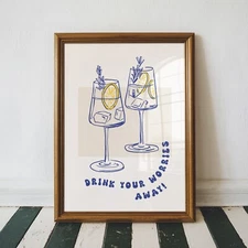 Drink Your Worries Away Typography Print, Kitchen Wall Art Print, Bar Cart Decor