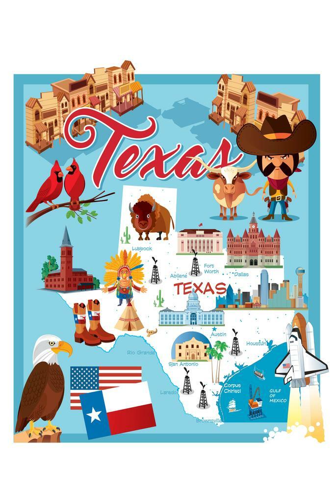 Illustrated Map of TEXAS Art Print Laminated Dry Erase Sign Poster 12x18
