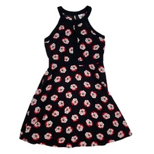 Elle Black Rose Print Dress High Neck Keyhole Fit And Flare Sz 4 Polyester