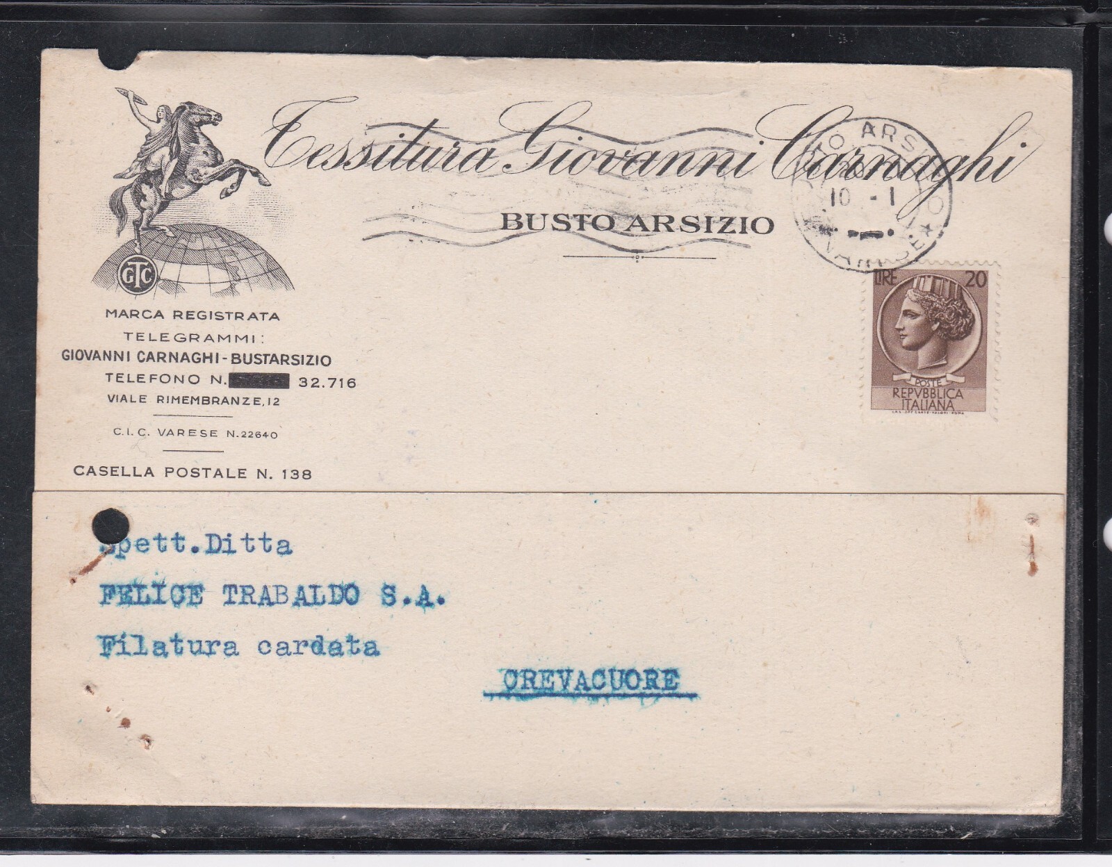 Cartolina Commerciale Busto Arsizio Tessitura Giovanni Carnaghi KY1639