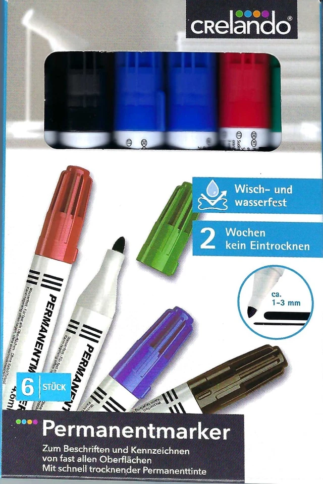 6 Stück Permanentmarker 4-farbig, 1-4,5 mm Neu & OVP von Crelando Neu & OVP