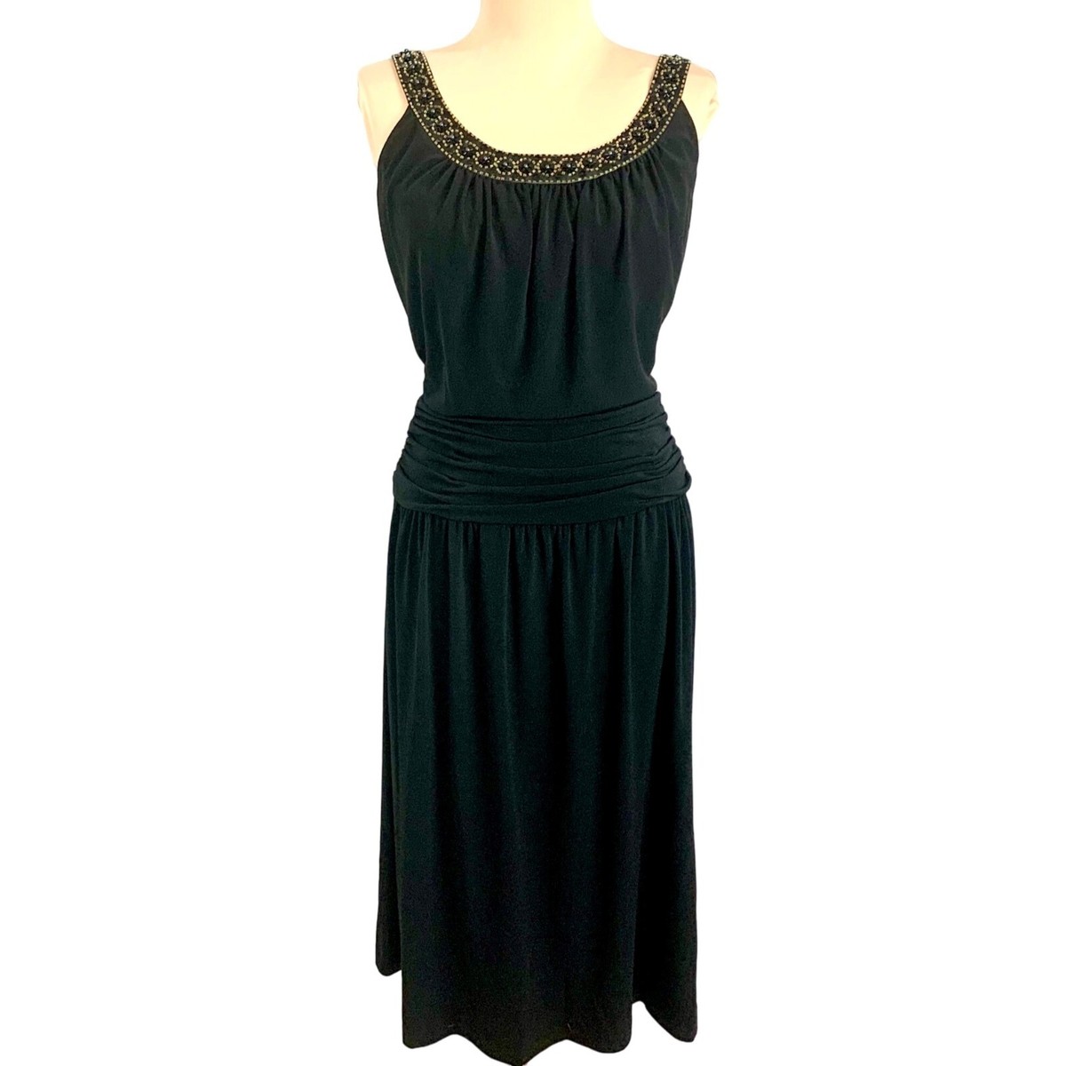 Adrianna Papell Black Beaded Egyptian Collar Midi Cocktail Dress 6 Ruched  Waist | eBay