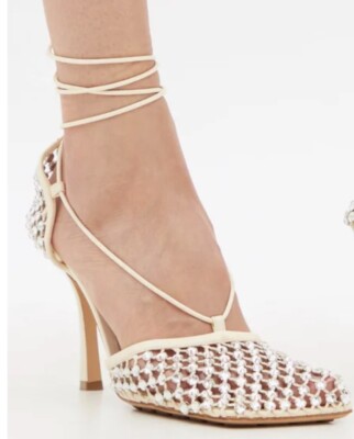 Bottega Veneta Stretch Crystal Embellished Ankle Strap High Heel Pump Size 