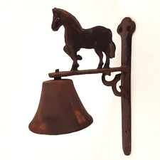 Cast Iron Wall Mount Bell W/ Horse Rustic and Weathered Outdoors Farmhouse