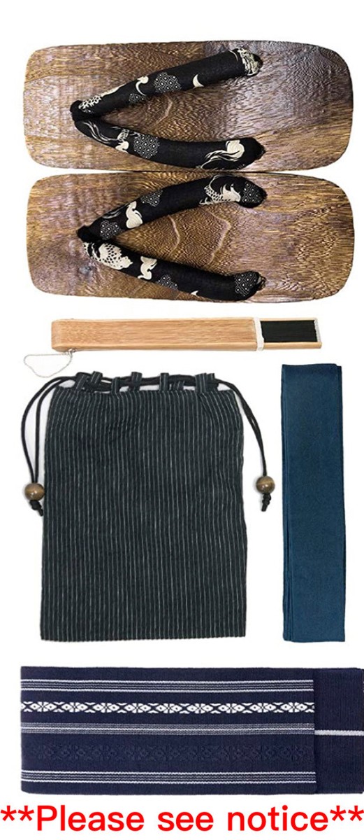 Japanese Men's Kimono Yukata Cotton Linen 6 Items Set G-10 Blue x