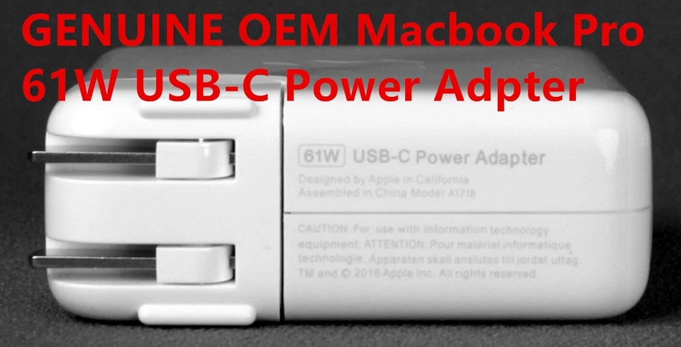 61W USB C Type C Power Adapter For MacBook PRO 13" A1718 A1708 OEM Charger Cable - Image 2 of 4