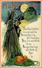 Halloween ~ Witch Hiding Behind Corn Stalk Moon Watching Postcard COPY #19590