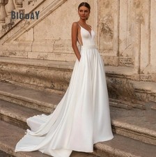 Simple Deep-V Strap Satin Wedding Dress Ivory White Size 0