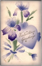 Vintage Embossed Purple Iris Heart Valentine Greetings Postcard Unposted