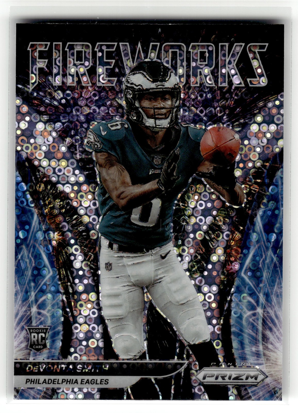DeVonta Smith 2021 Panini Prizm #F-12 Eagles Fireworks Prizms No Huddle RC