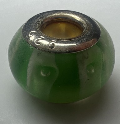 925 Sterling Silver Glass Bead European Lampwork Slide Charm Green White Flowers