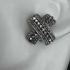 Vintage Marcasite Cross Hatch Clip-On Earrings Silver Tone Bold Glam Rock