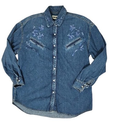 Vintage Denim DKNY Jeans Shirt Pearl Snap Blue Small Western Top 90s  Oversized