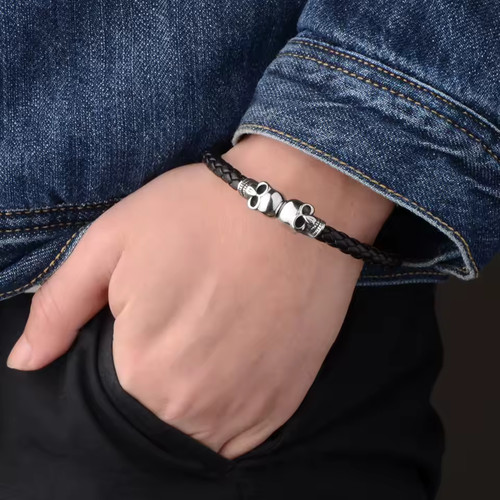 Stainless Steel Genuine Leather Bracelet Cool Skull Skeleton Head Bangle Black - Picture 5 of 12