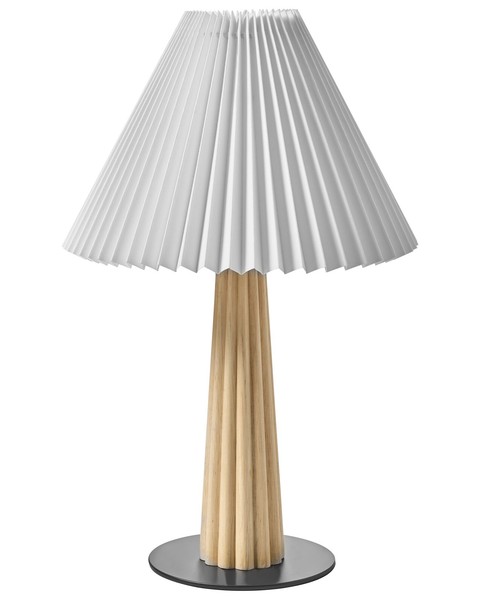 Industrielle Tischlampe Mit WeißEm Stoffschirm Und Sockel Aus Gummibaumholz Natu-image
