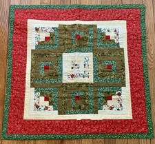 Hand Made Quilted Wall Hanging Lap Quilt Christmas Colors 29  x 30  