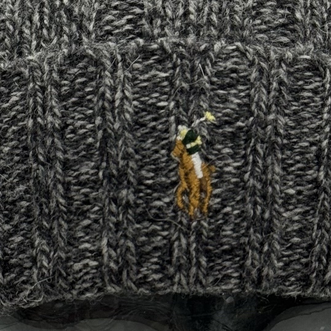 Polo Ralph Lauren Beanie Hat Uomo Grigio O S Pony Polsino Maglia Misto Lana