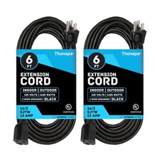 2 Pack of 6 Ft Outdoor Extension Cords - 16/3 SJTW Heavy Duty Black