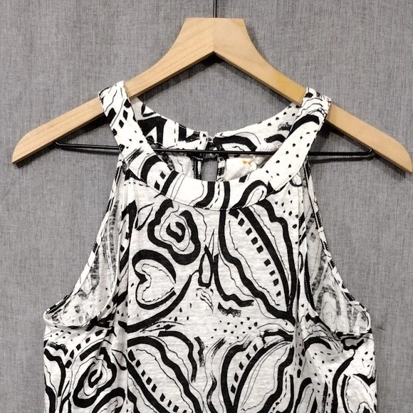 C&C California 100% Linen Geometric Tank Shirt Women's L Black White Boho Retro - Image 2 of 4