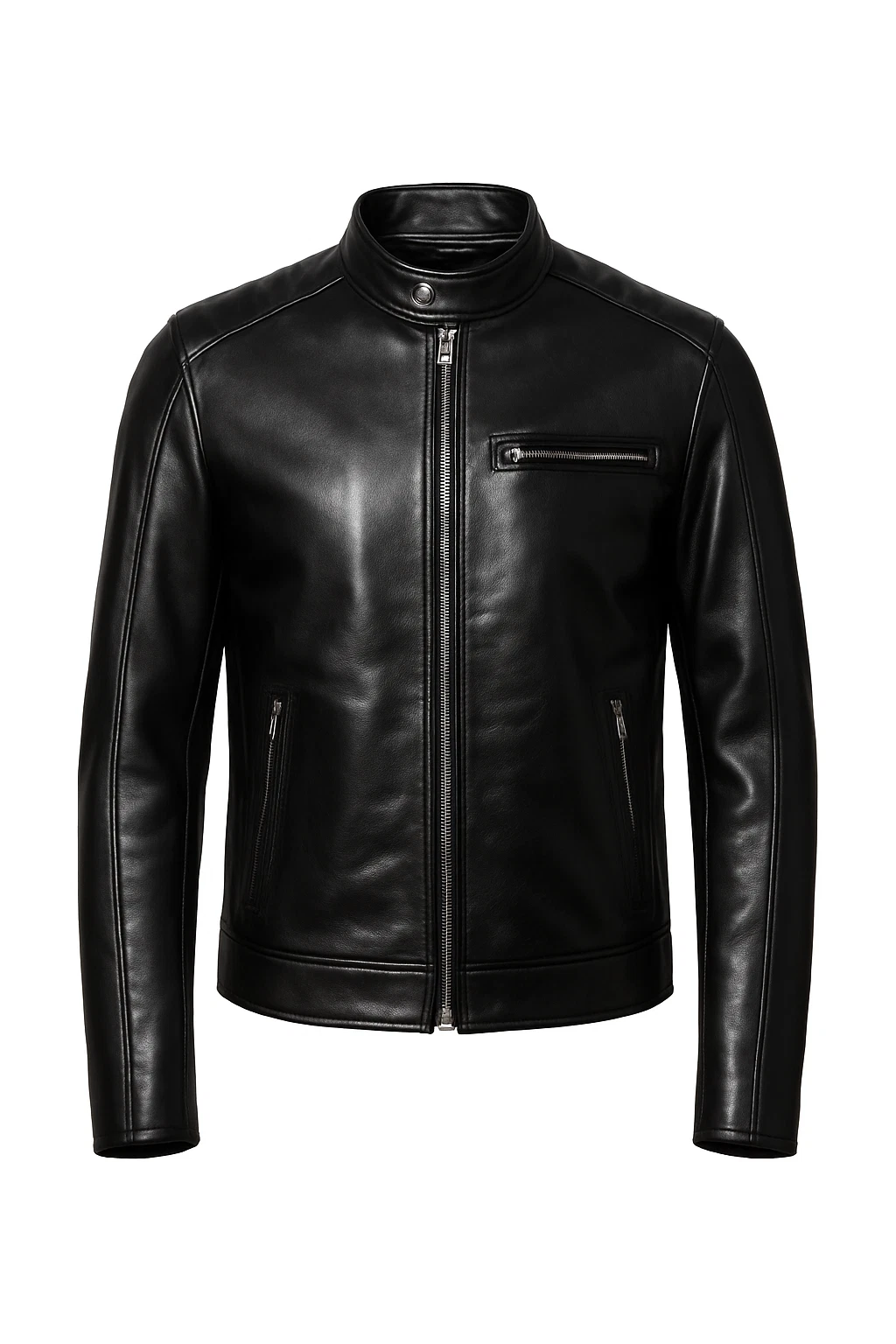Men’s Black Genuine Leather Cafe Racer Jacket – Slim Fit Motorcycle Biker Style.