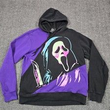 Ghost Face Hoodie Mens Medium Black Purple Neon Scream Graphic Horror Sweatshirt