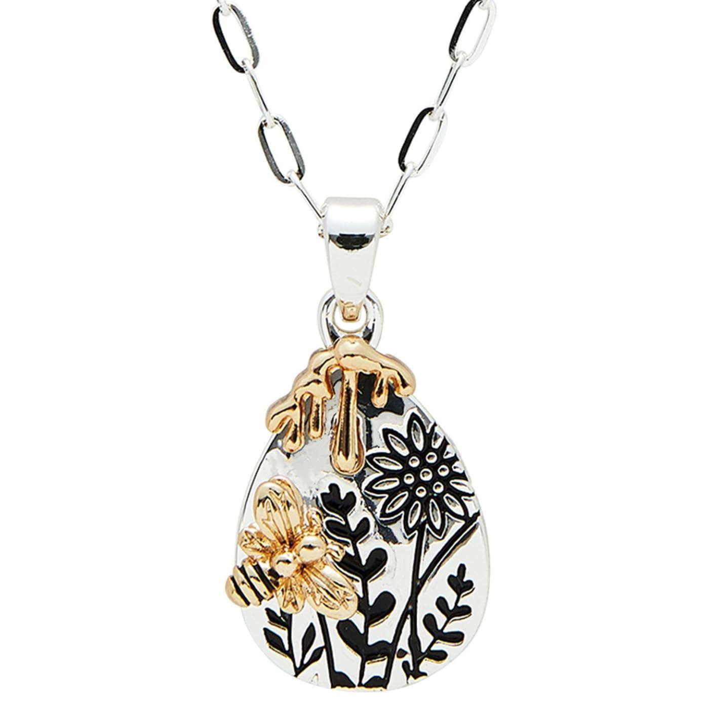 Equilibrium Honey Bee Two Tone Necklace Silver Gold Floral Pendant
