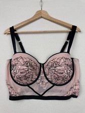 Auden Intimates Pink Lace Longline Bra XL Corset Bustier Black Trim Floral Mesh