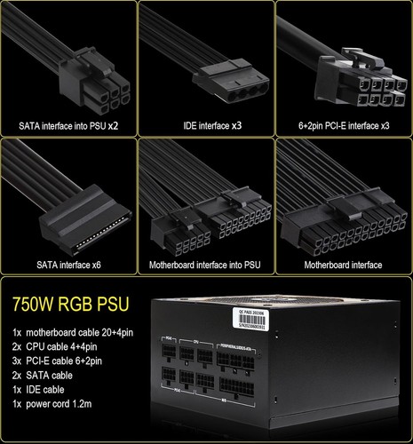 ATX 750W Power Supply Fully Modular Gaming PC PSU 120mm Silent RGB Fan, 2 4+4Pin - Afbeelding 5 van 7
