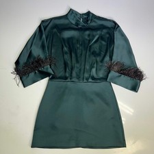 ZARA Open Back Feather Satin Effect Short Dress Women's Sz XL Dark Green/Black