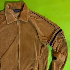 The Men's JCPenney Track Jacket Medium Brown Velour Zip Up Blue Stripe