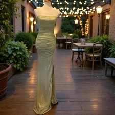 Windsor Shimmering Desire Sage Rhinestone Ruched Mesh Formal Dress XS