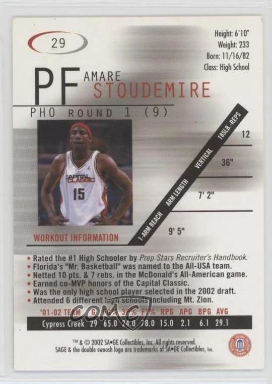 2002 Sage /2900 Amare Stoudemire Amar'e Stoudemire #29 Rookie RC - Image 2 of 2