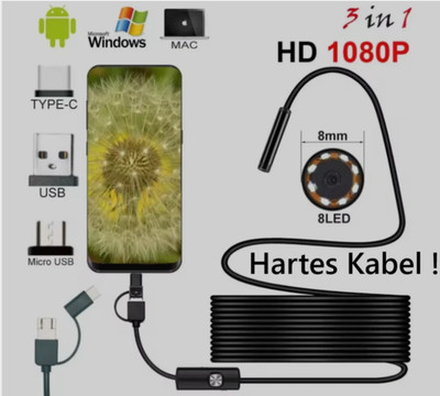 3 In 1 HD 1080P 2M Endoskop Endoskopkamera Inspektionskamera 8mm IP68 2MP