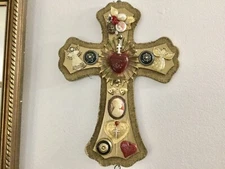Jeweled Art Cross On Wood-Upcycled -Cameo-Angels-Bronze heart-Handmade