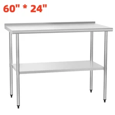 New 60'' x 24'' Heavy Duty Stainless Steel Table for Prep & Work with Backsplash