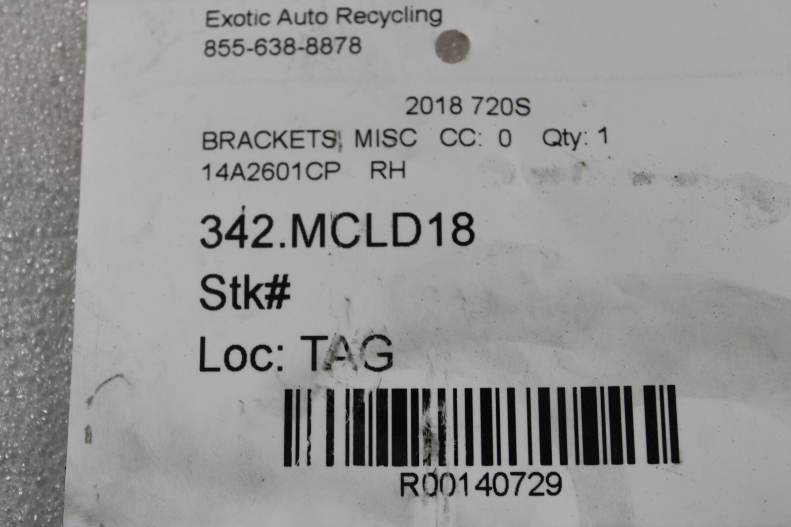 McLaren 720S, RH, Right, Support Bracket, Used, P/N 14A2601CP