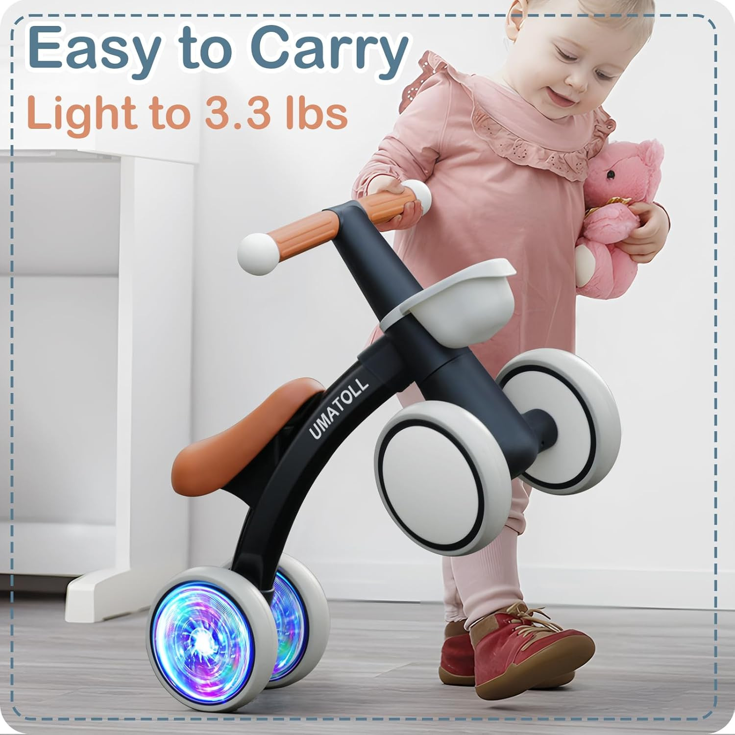 Colorful Lighting Baby Balance Bike for 1-2 Year Old Boys Girls, Adjustable Soft