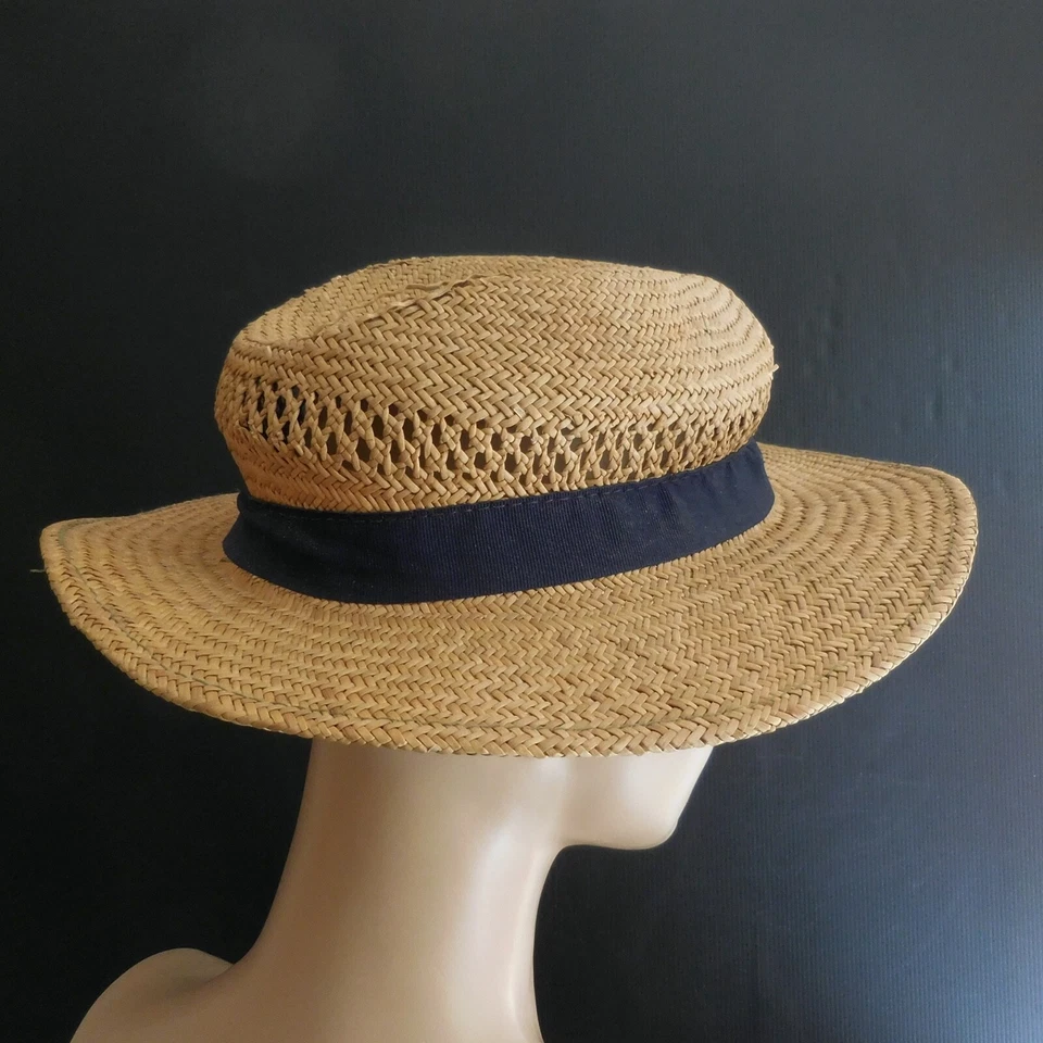 Chapéu de palha azul amarelo feito à mão estilo vintage 1950 para mulheres homens França N6349 - Imagem 2 de 4