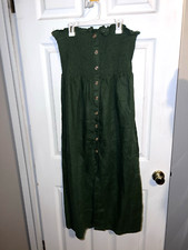 FAITHFULL THE BRAND Green Linen Smocked Sleeveless Midi Dress Button Down Sz 10