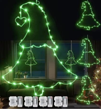 Window Lights Tree Shape Metal Frame Lights Battery Operated 4 Pack Remote Green