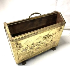Magazine Rack Decor Patina VTG Brass Punched Tin Wooden