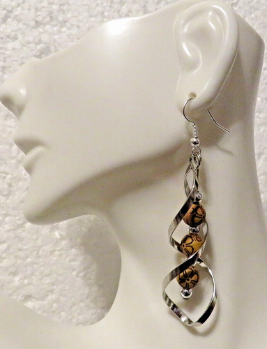 Elegant Simple Silver Twist Brown Wood Bead Drop Dangle 2.25" Hook Earrings - Picture 3 of 3