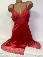 VINTAGE 60  s Full SLIP DRESS SZ 38 RED SATIN LINGERIE CHANTILLY NYLON LACE L84
