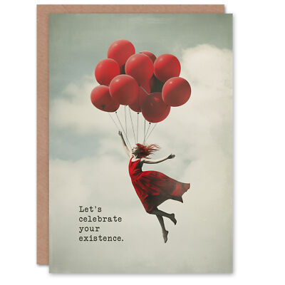 Geburtstagskarte rot Luftballon Konvolut Flug Dame Spaß surreal Grußkarte