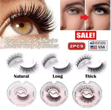 2× Reusable Self Adhesive Eyelashes Natural 3D Mink Glue-Free False Eyelashes US