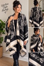 Black and Beige Floral Patterned Reversible Shawl Wrap with Fringe Trim