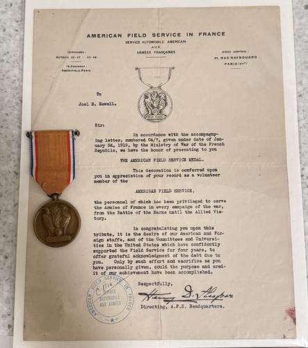 WWI AFS American Field Service Medal + Citation Joel H. Newell SSU 631
