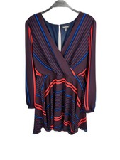 Express Women's Striped V-Neck Long Sleeve Wrap Dress Burgundy Red Blue Size M