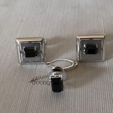 Silver Onyx Cufflinks Button Tie Pin -USED- JP